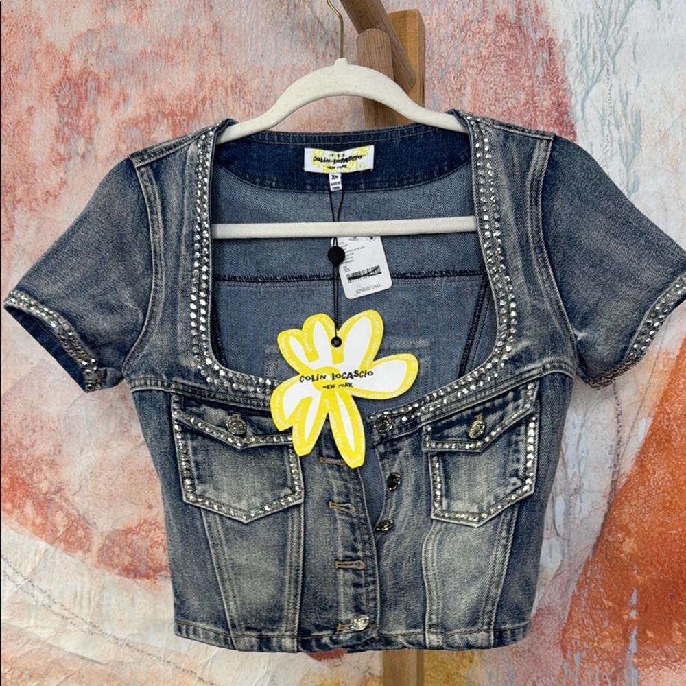 Denim Studded Short Sleeve Jacket Xs. Free People